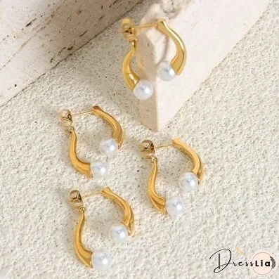 Synthetic Pearl Asymmetrical Titanium Steel Earrings