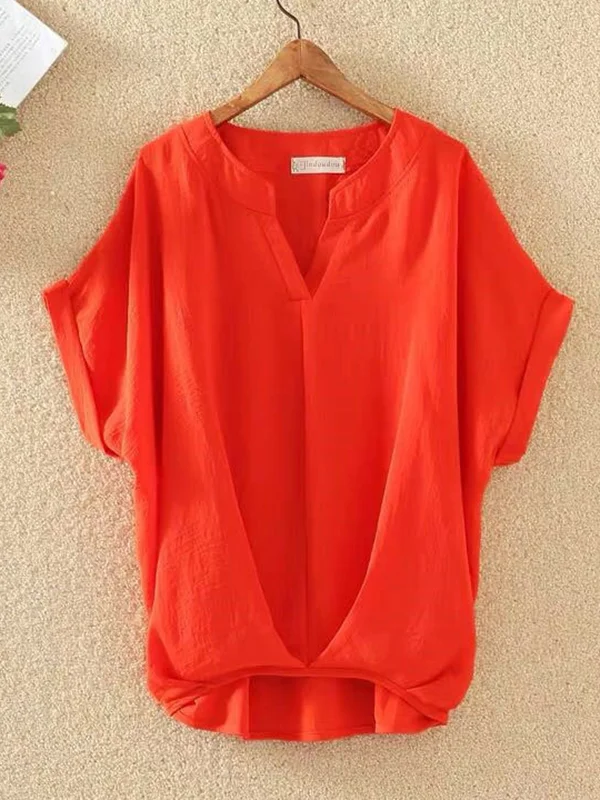 Pleated Solid Color Loose Plus Size V-neck T-Shirts Tops