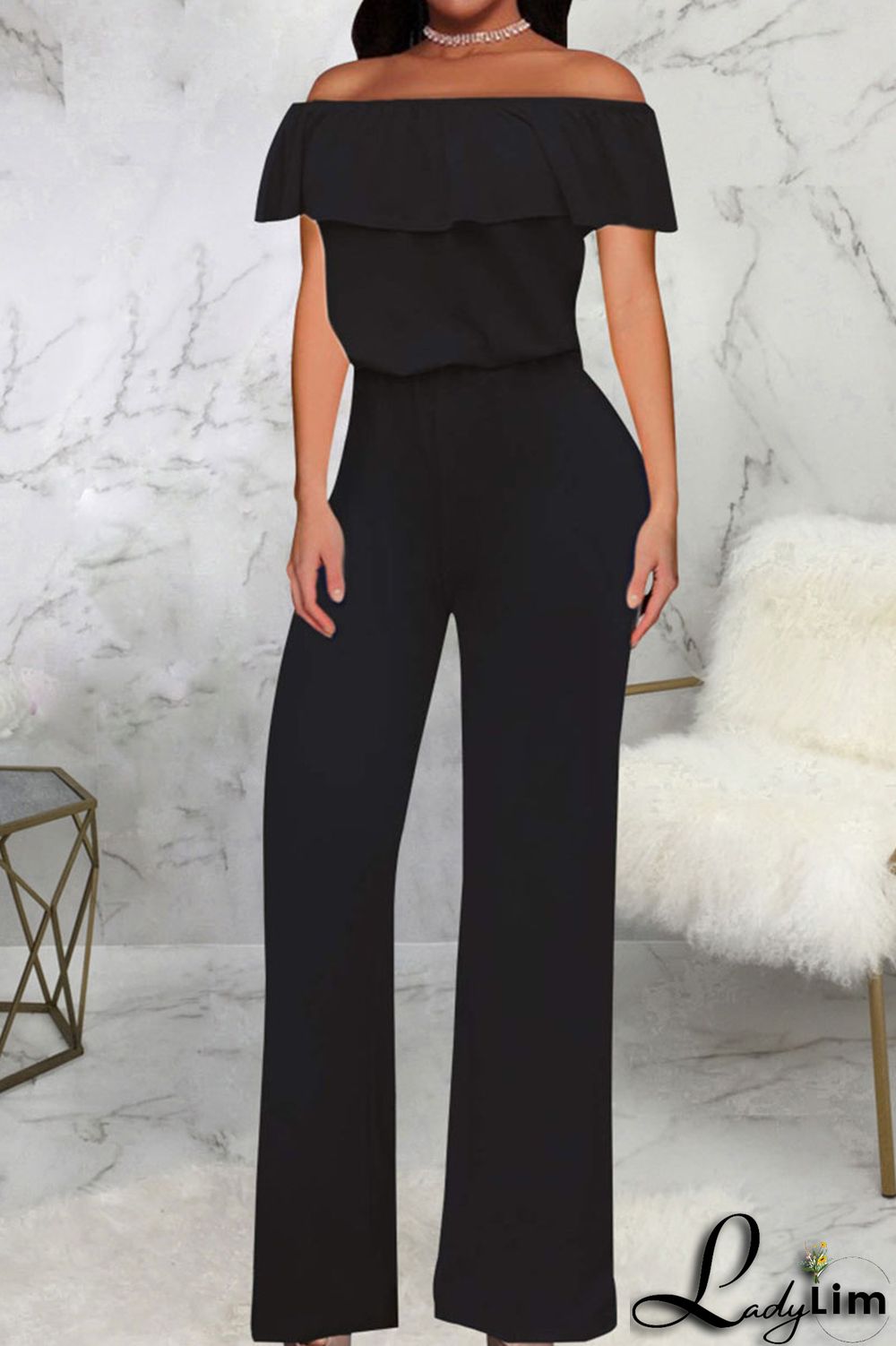 Grey Casual Solid Patchwork Flounce Off the Shoulder Straight Jumpsuits