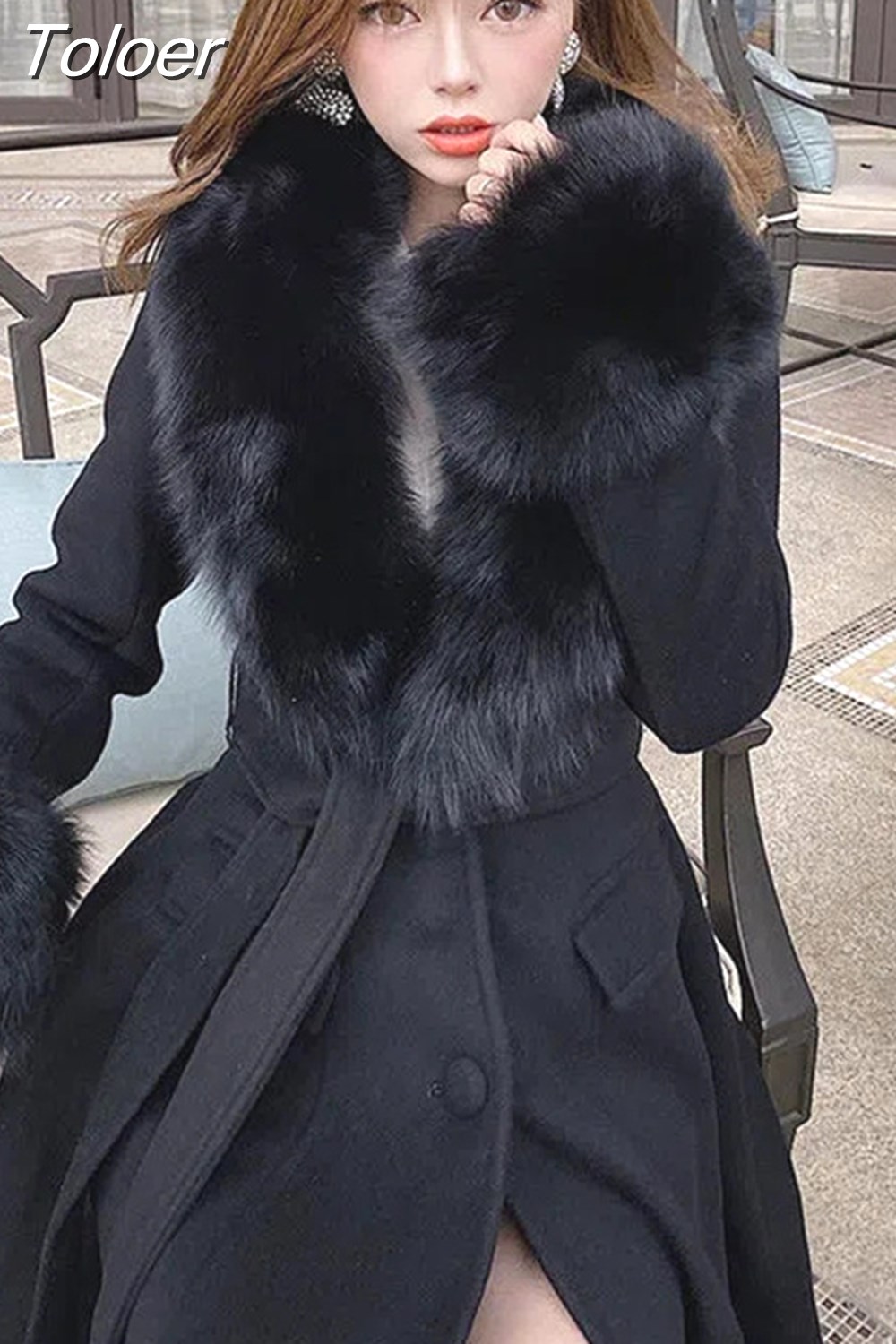 Toloer Women Winter Coats Fur Collar Scarf Cuff Set Warm Fashion Luxury Overcoat Scarves Shawls Female Elegant Solid Thick Coats4