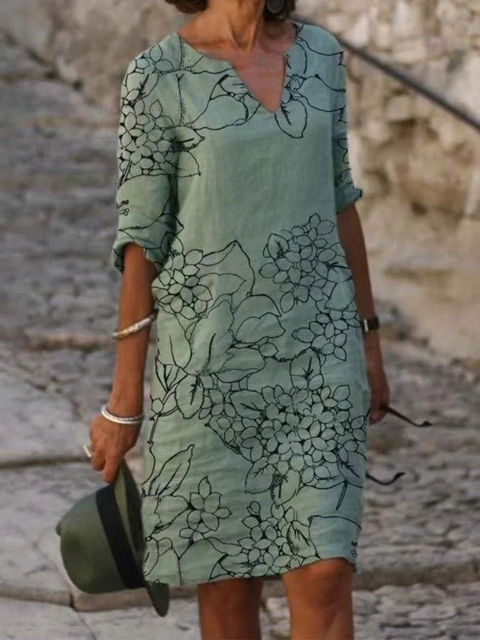 Women's Oil Painting Print V-Neck Shift Dress