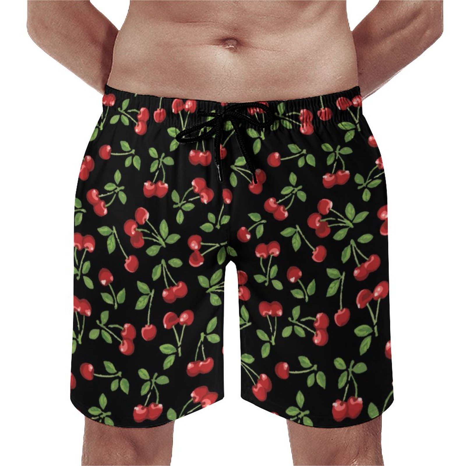 Whimsical Ripe Red Cherries Black Background Elegant Men's Swim Trunks Summer Board Shorts Quick Dry Beach Short with Pockets