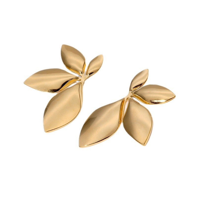 Simple Holiday Style Niche Design Earrings Leaf Glossy Ins Style Fashionable And Versatile Stainless Steel Earrings