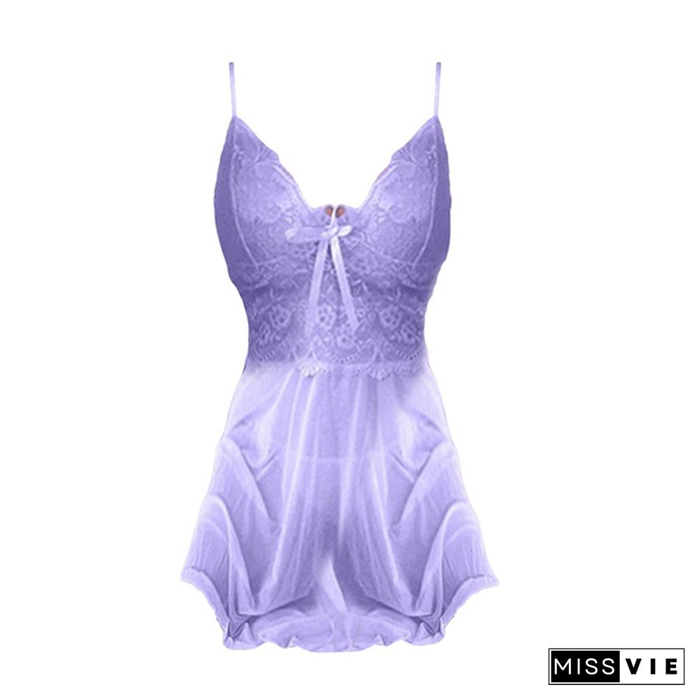 Women's Fashion Lace Perspective Sleepwear Female Spaghetti Strap Nightwear Deep V Neck Mini Dress Soft Homewear