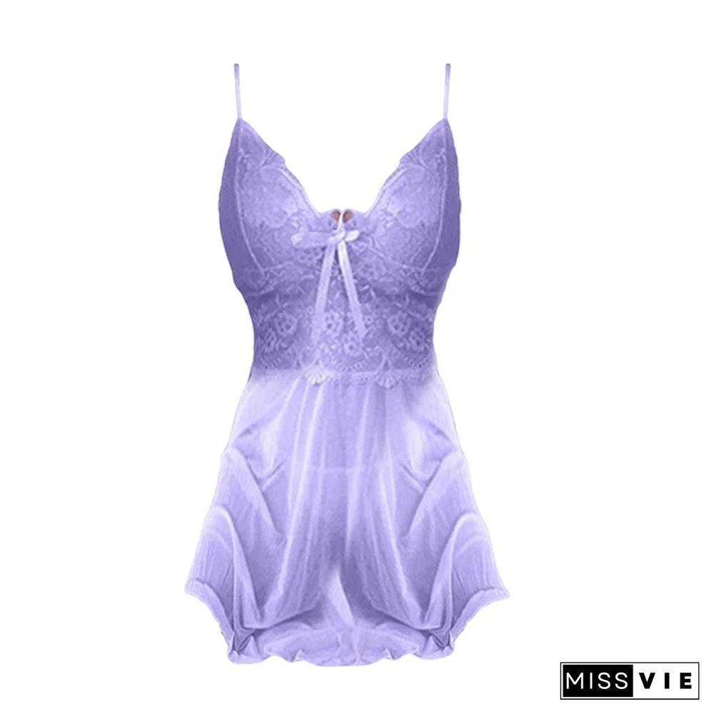 Women's Fashion Lace Perspective Sleepwear Female Spaghetti Strap Nightwear Deep V Neck Mini Dress Soft Homewear