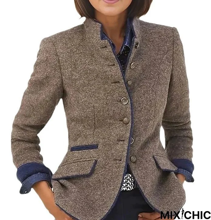 zolucky Solid Vintage Blazer Stand Collar Jacket