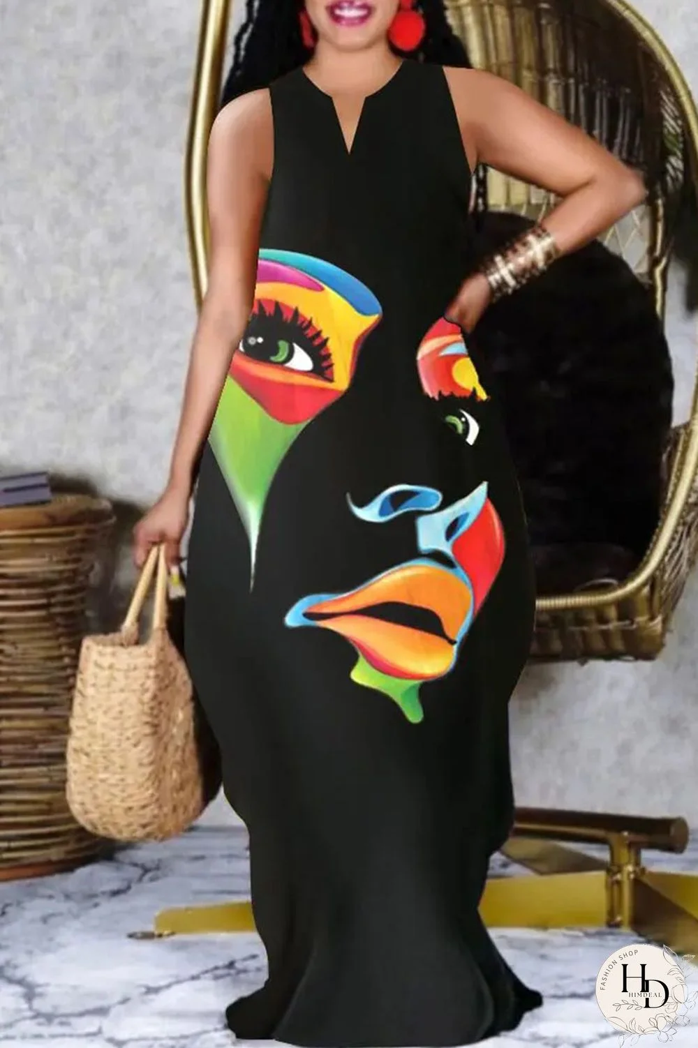 Black Casual Print Patchwork V Neck Straight Dresses