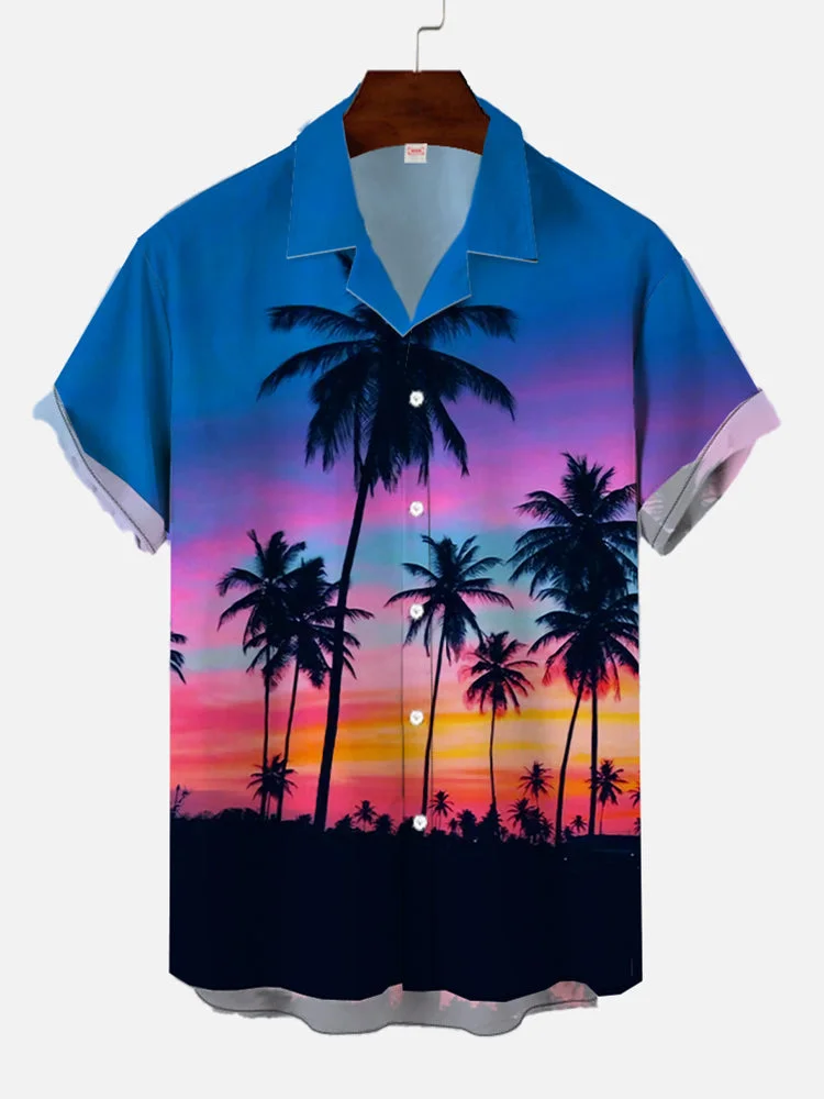 Gradient Sunset Hawaiian Palm Trees Print Cuban Collar Short Sleeve Shirt