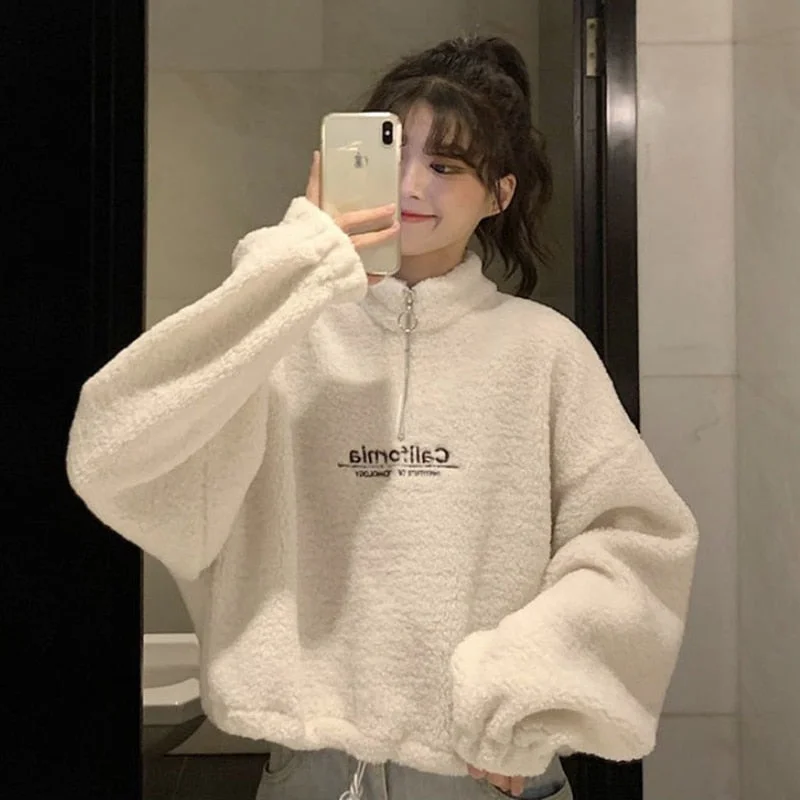 2022 Autumn Winter New Cashmere Sweatshirt Women's Fashion Plush Loose Letter Korean Short Jacket Kpop Sweatshirt