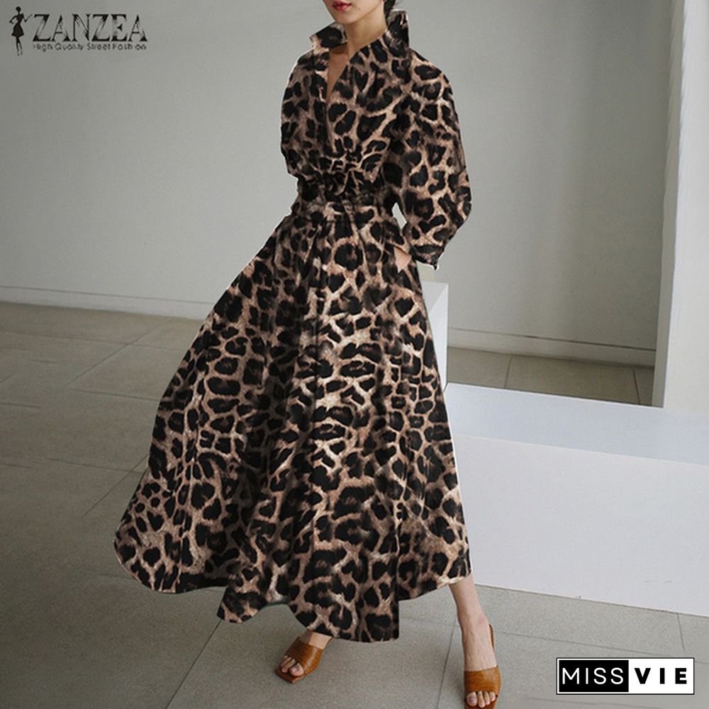 Womens Bohemian Leopard Print Maxi Dress Elegant Full Sleeve Casual Swing Mid-Calf