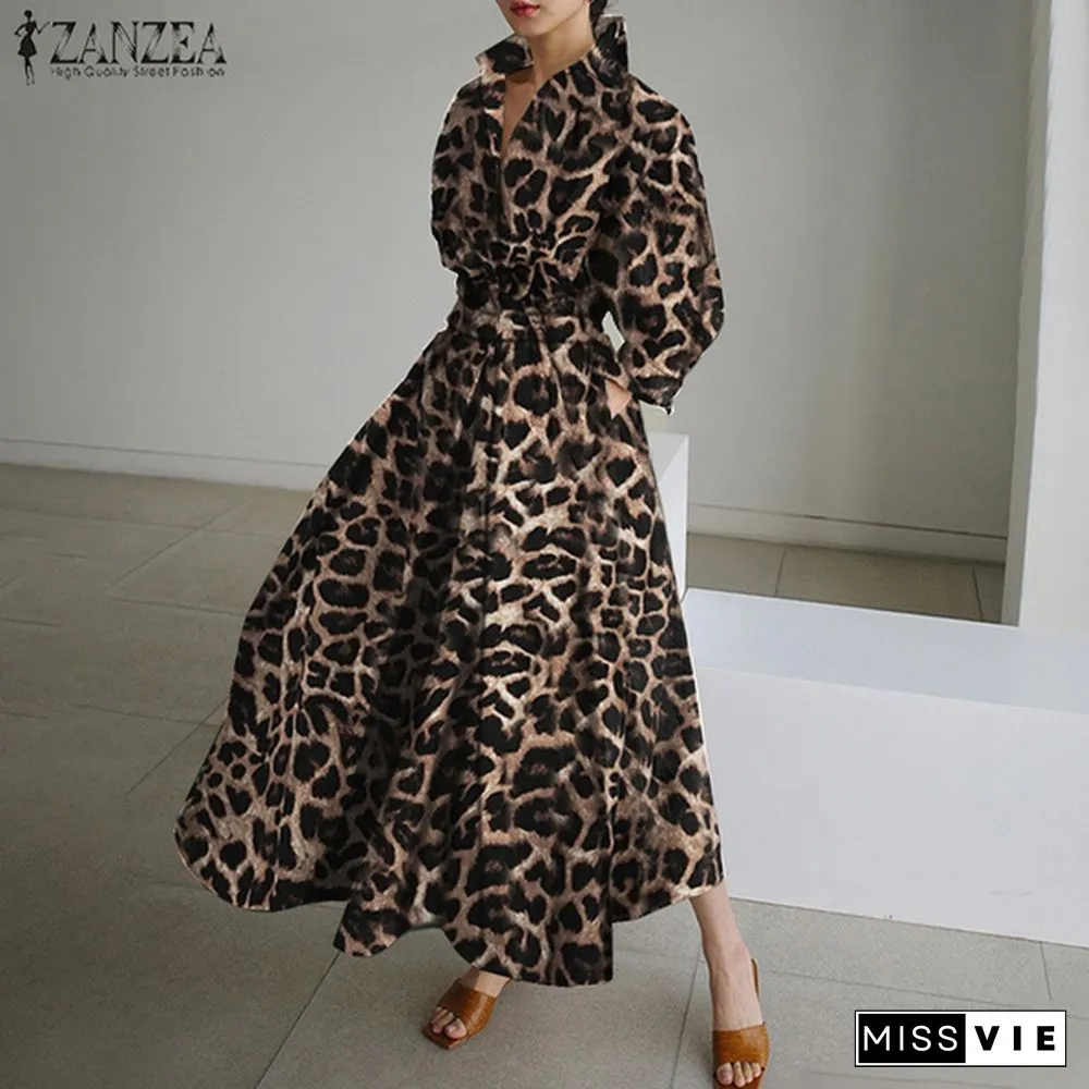 Womens Bohemian Leopard Print Maxi Dress Elegant Full Sleeve Casual Swing Mid-Calf