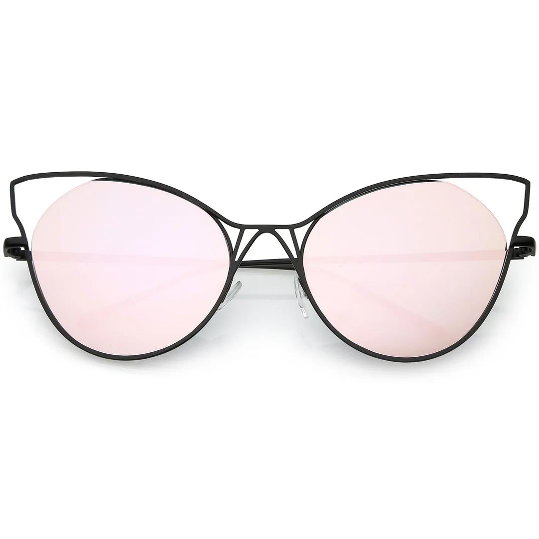 Oversize Cat Eye glasses Semi Rimless Metal Cut Out Mirrored Flat Lens 60mm