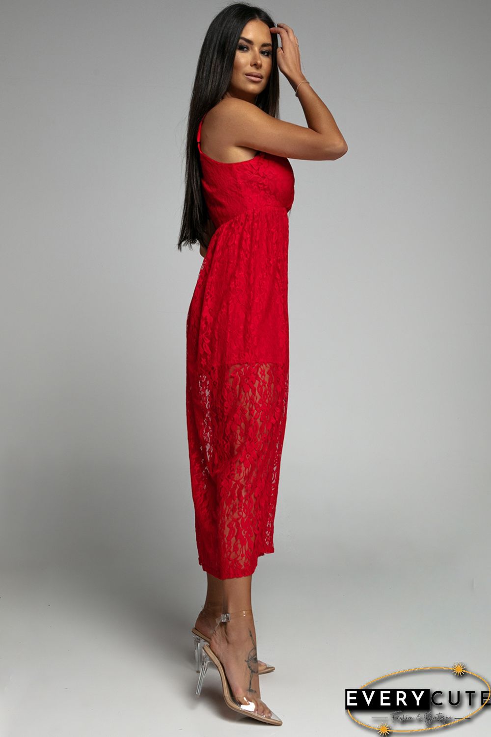 Red Lace V Neck Wrap Spaghetti Straps Maxi Dress
