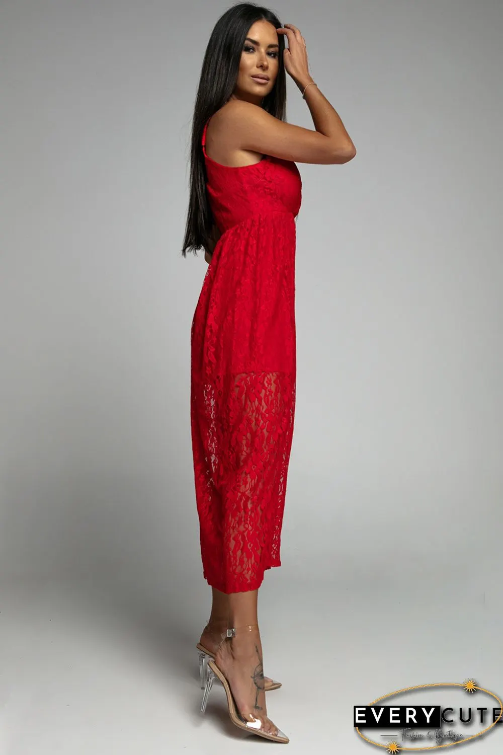 Red Lace V Neck Wrap Spaghetti Straps Maxi Dress