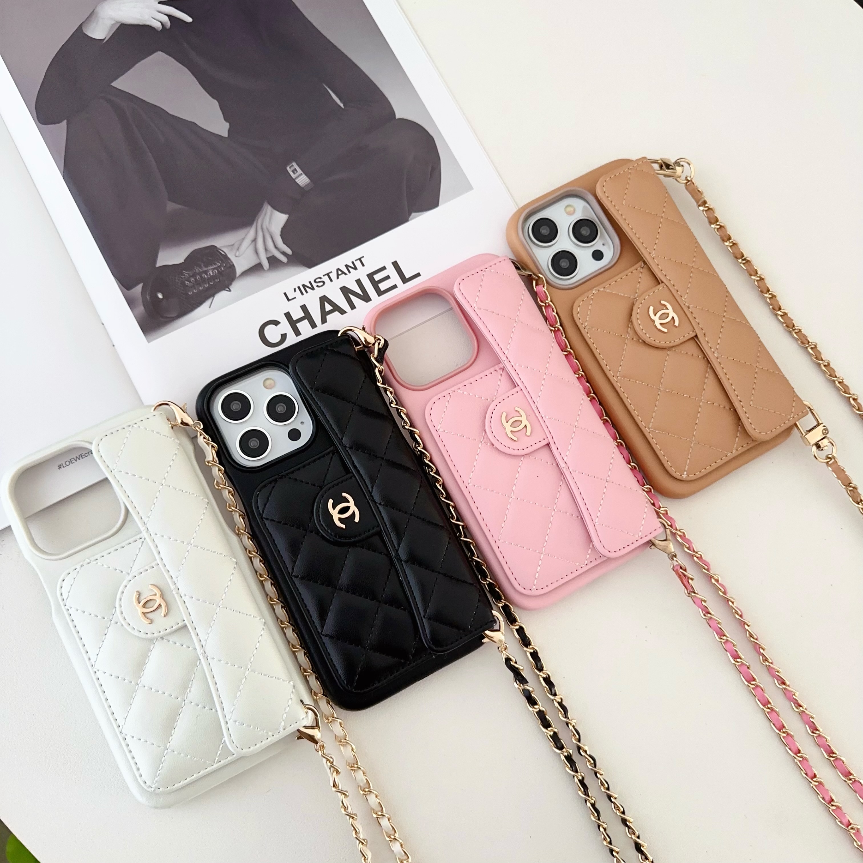 Chanel Official Hand Chain Cardholder Leather iPhone Case Crossbody Cord
