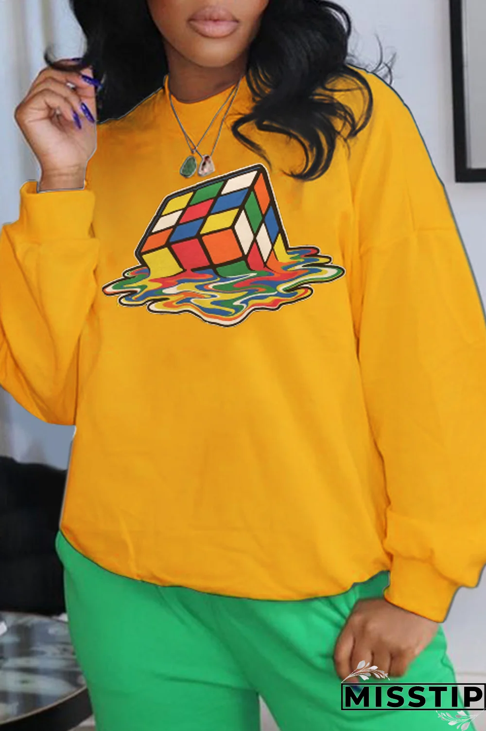 Black Street Daily Print Patchwork O Neck Tops