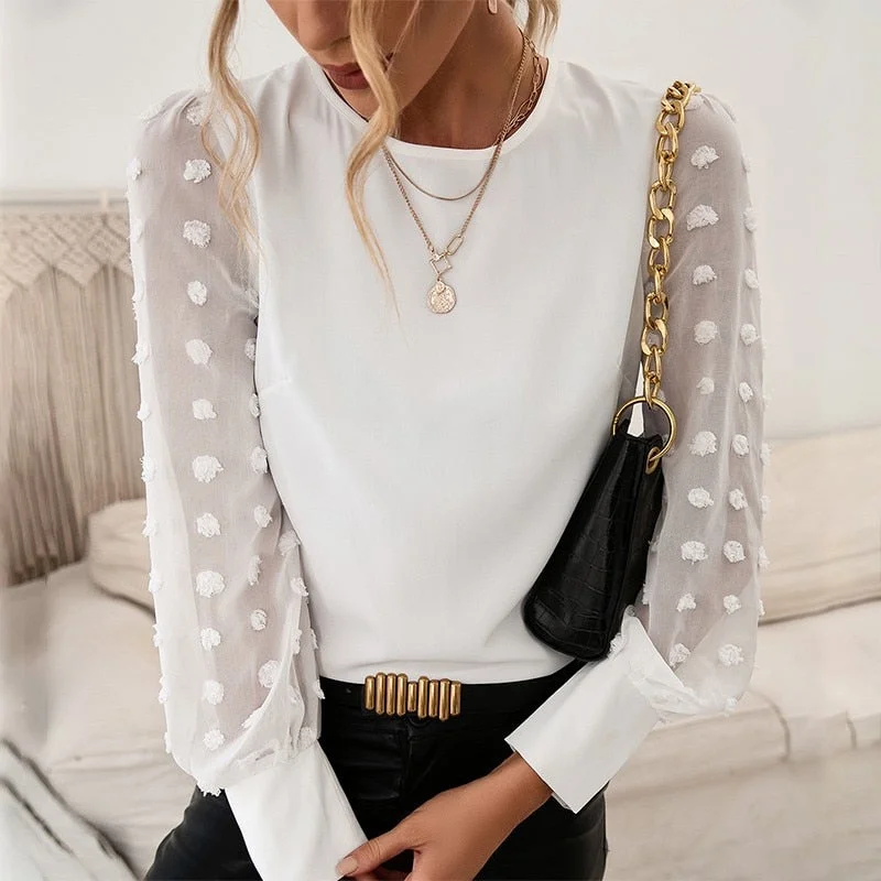 Solid Women Tops And Blouses Fashion Patchwork O Neck Long Sleeve Office Work Lady Casual Plus Size Elegant Shirt Female Blusas