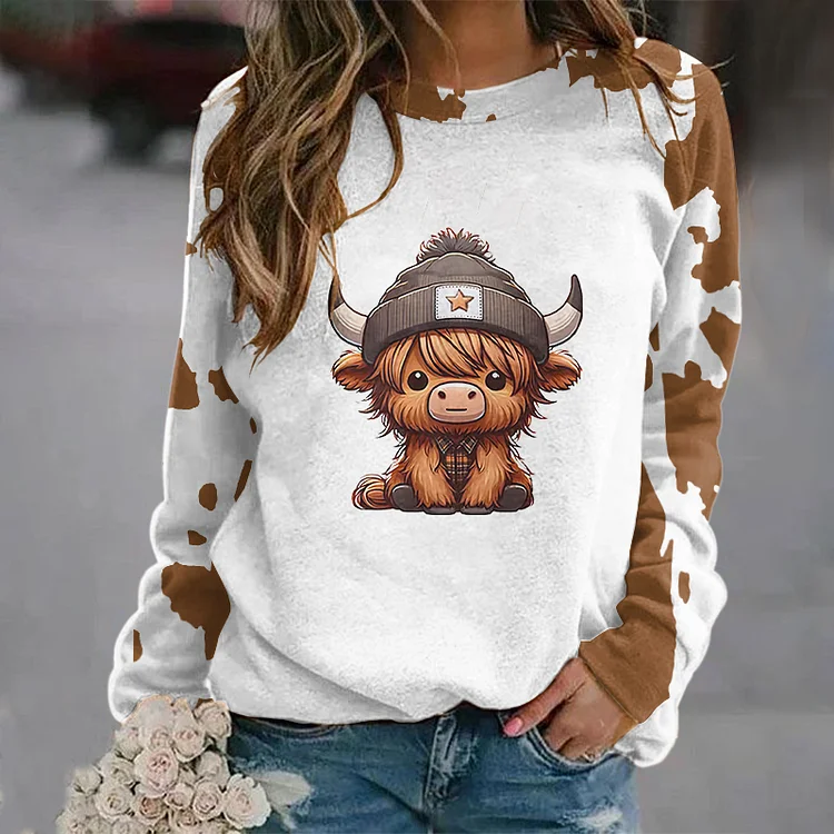 VChics Women's Scottish Highlander Cute Baby Highland Cow Print Sweatshirt