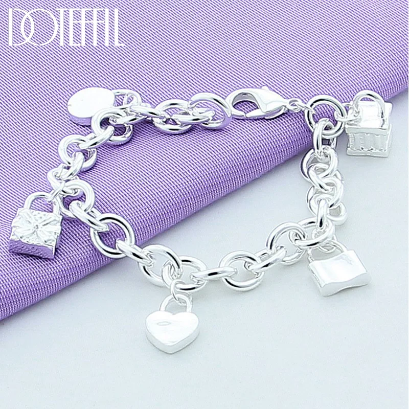 DOTEFFIL 925 Sterling Silver Five Round Square Lock Bracelet For Women Jewelry