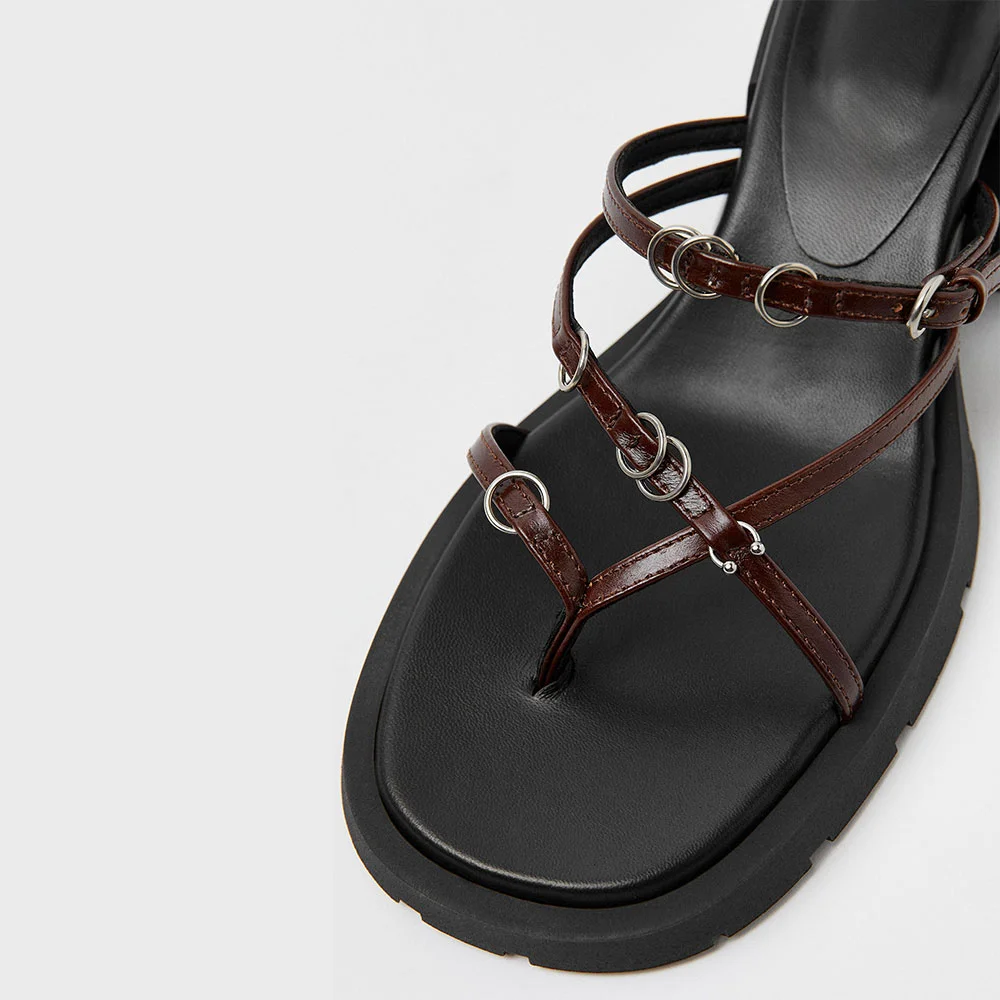 Brown Round Toe Criss-Cross Straps Platform Mules Shoes with Buckle