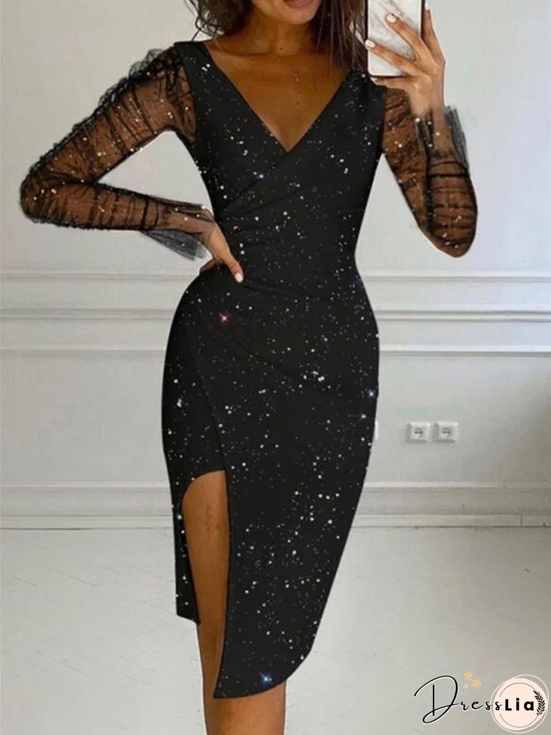 Dresses Sequin V-Neck Mesh Long Sleeve Slit Dress for Women