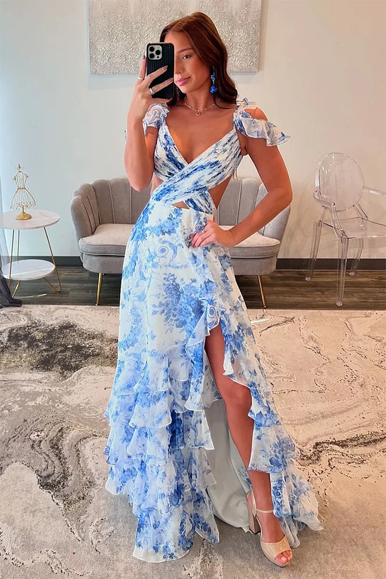 Sexy V-neck Backless Ruffled High Slit Sling Dress