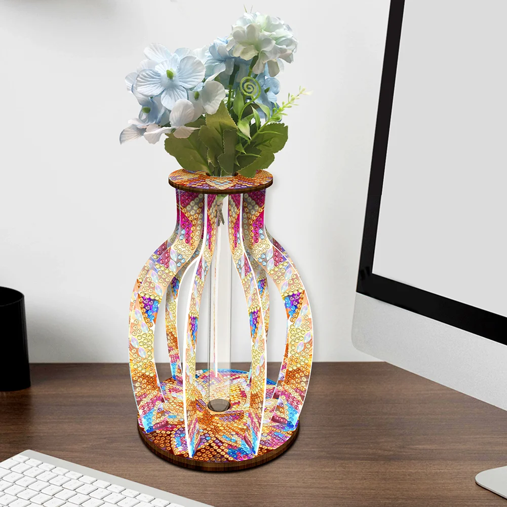 DIY Wood Mandala Diamond Painting Flower Vase Ornaments for Home Office Decor