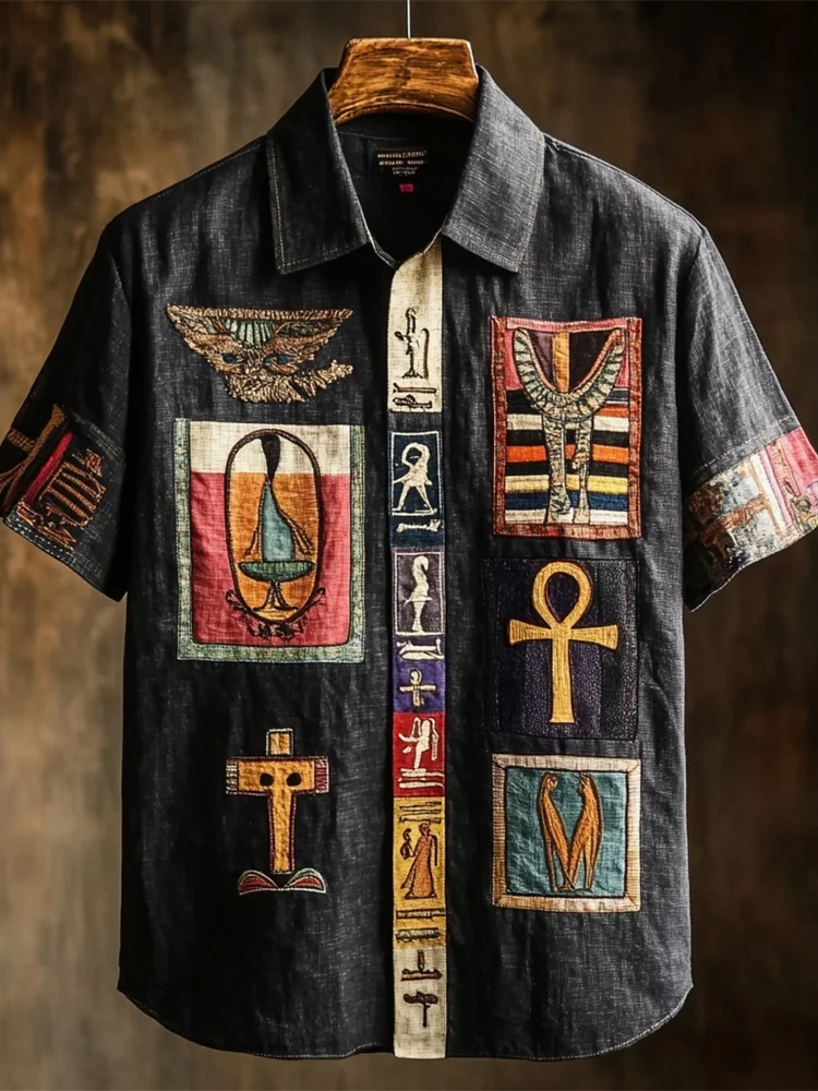 Egyptian Ankh Element Men's Linen Short Sleeve Shirt
