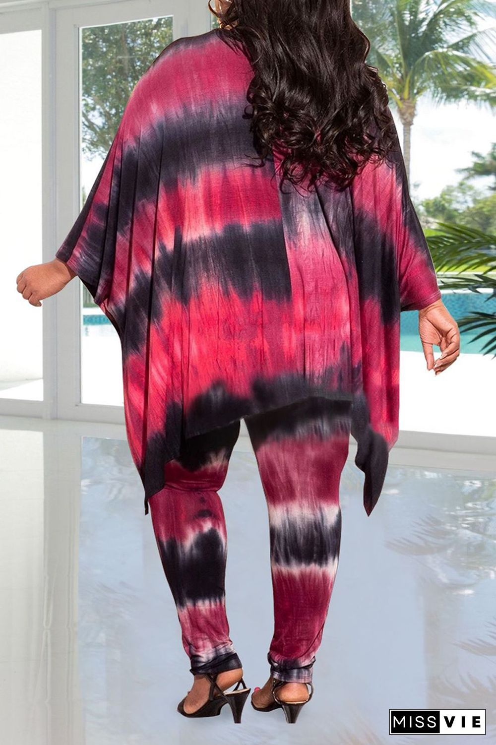 Casual Patchwork Tie-Dye V Neck Plus Size Two Pieces