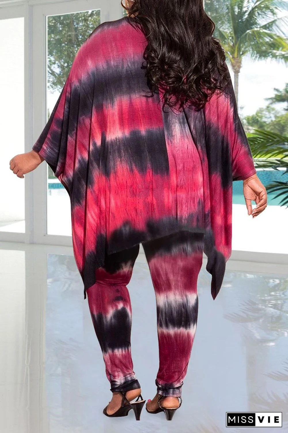 Casual Patchwork Tie-Dye V Neck Plus Size Two Pieces