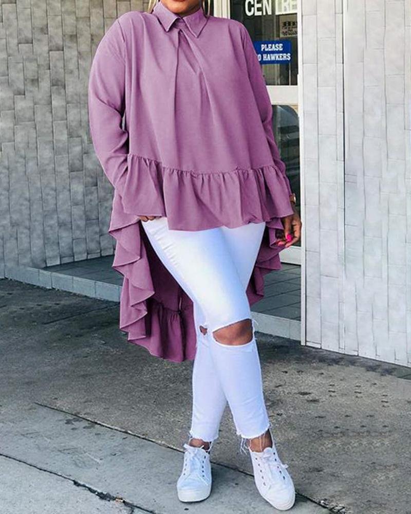 Women‘s Casual Solid Color Asymmetrical Hem Shirt