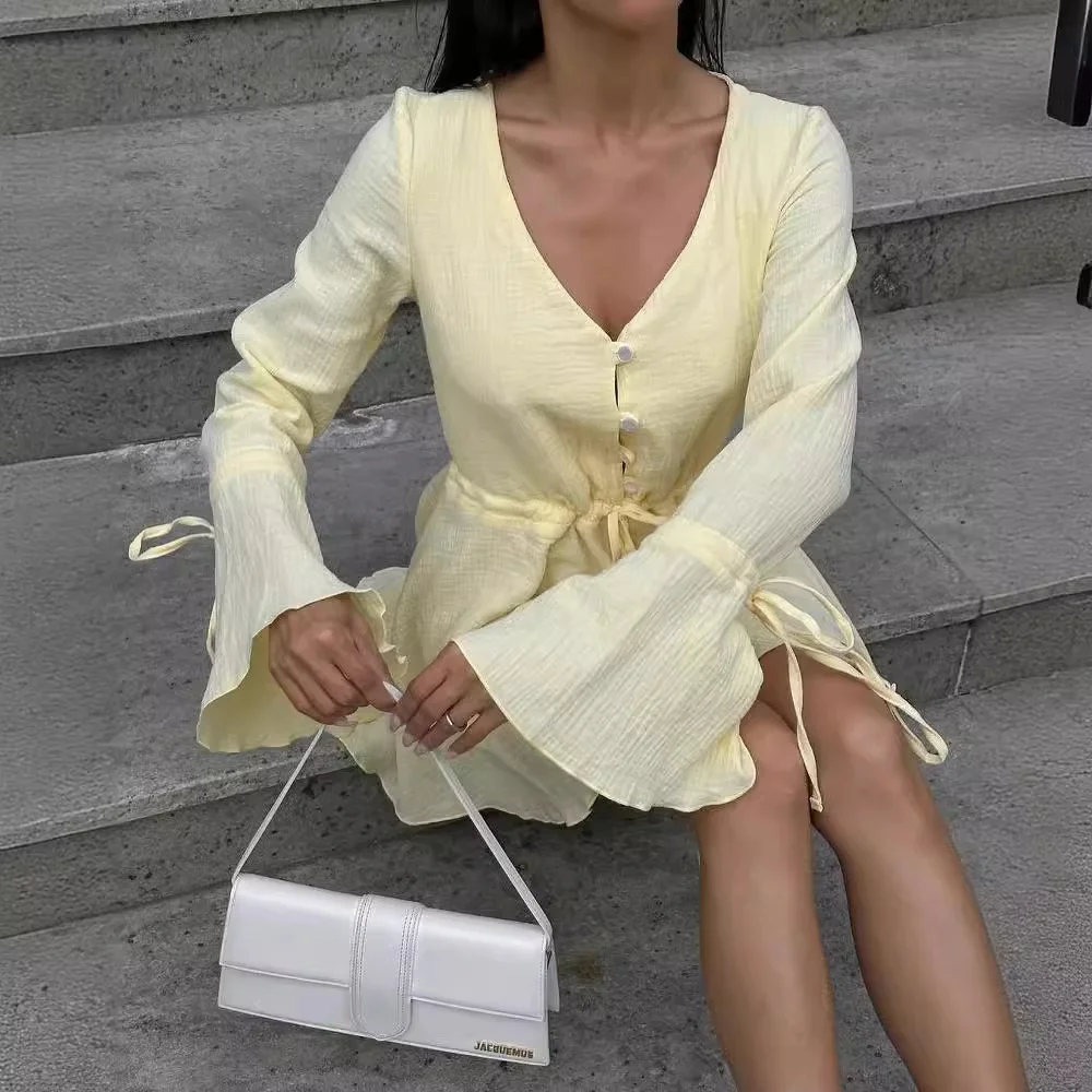 Nigikala Nigikala 2025 New Rope Horn Sleeve V-Necked T-Shirt With Commuting Long-Sleeved Jumpsuit