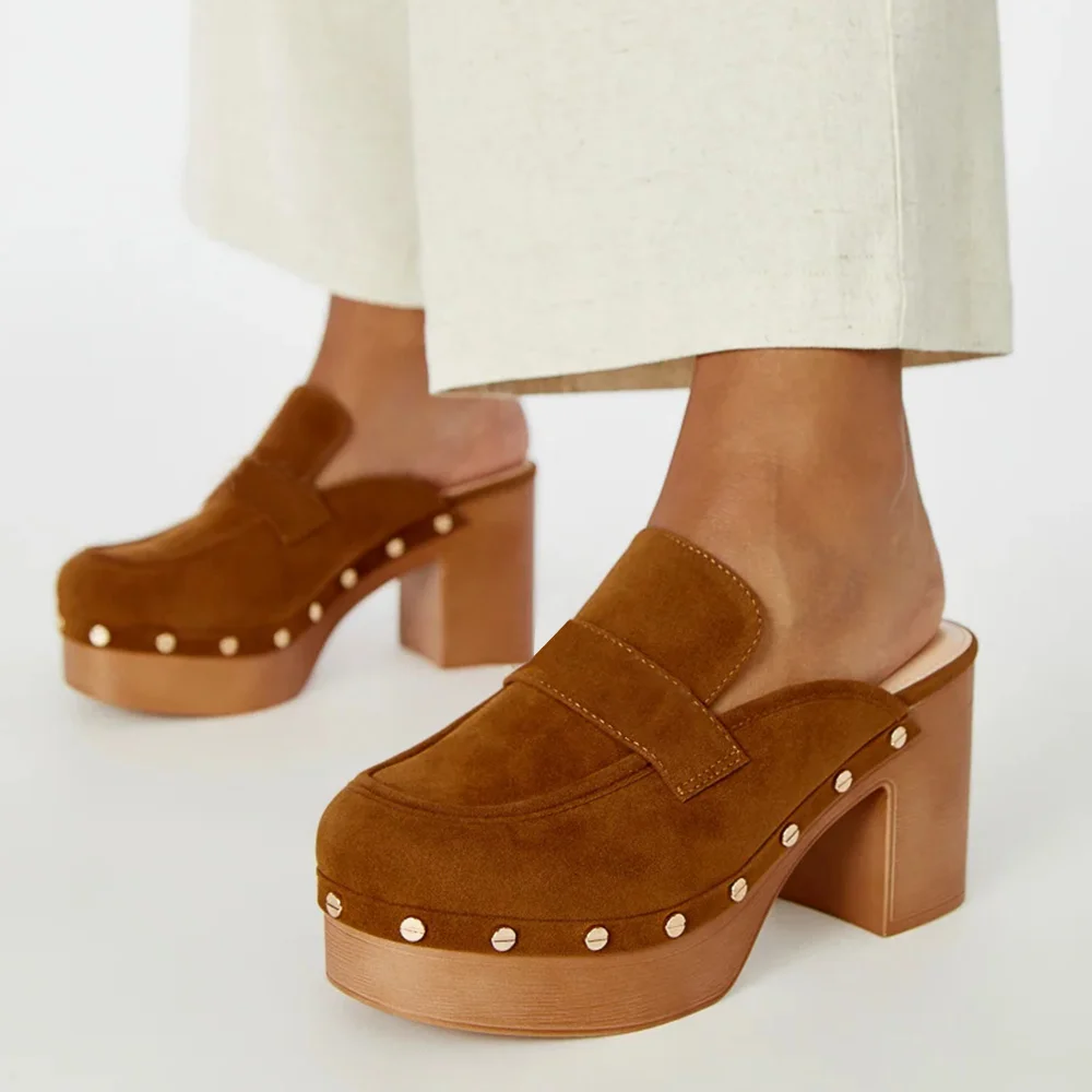Brown Suede Closed Toe Studded Platform Mules With Chunky Heels Nicepairs
