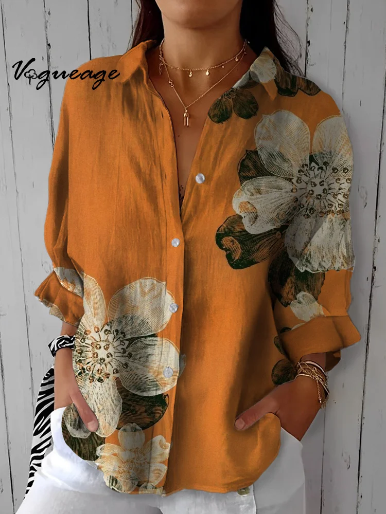 Gentle And Generous Flowers Printed Three-Quarter Sleeves Cotton And Linen Shirt