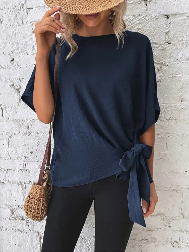 Huiketi Casual Women's Top T Shirt 2024 Summer Solid Fashion Batwing Sleeve Shirt Tops Bow Women Pullover Blouses Female Clothing