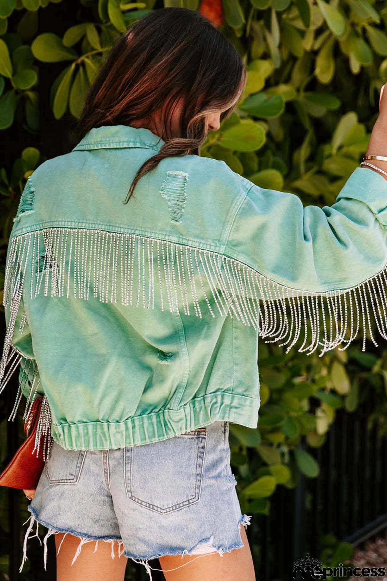 Mint green Chain Tassel Denim Jacket