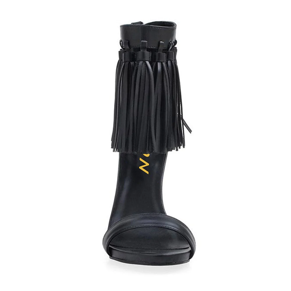 Chic Open Round Toe Tassel Decor Back Zipper Black Heels Sandals