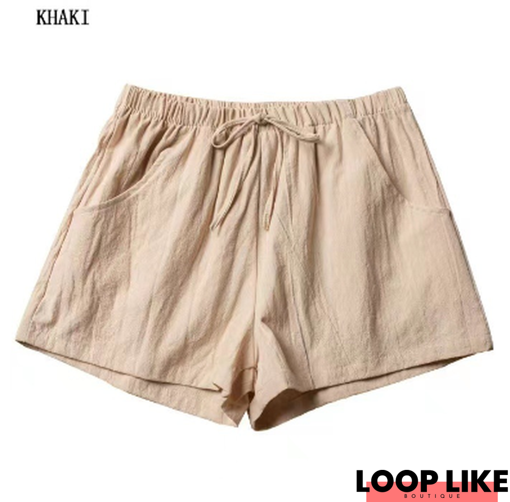 Casual Solid Color Elastic Waist Cotton Short Shorts for Women