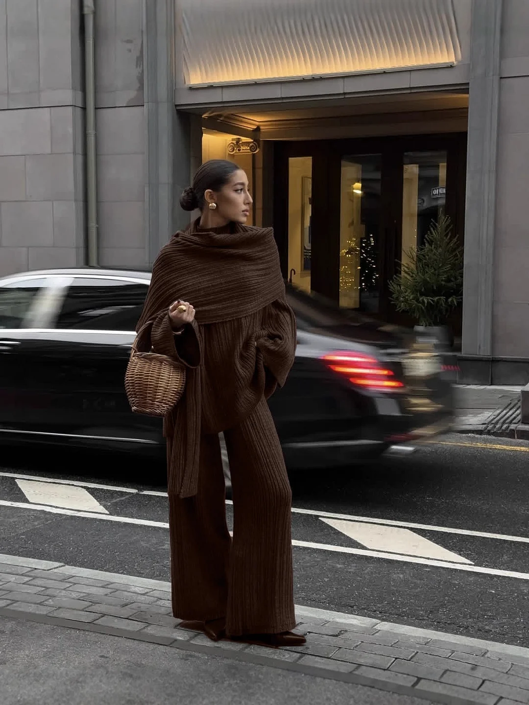 Athvotar Athvotar And Winter Pure Color Round Collar Jersey Sweater Set Of Women's Loose Knitted Sweater Broad Leg Trousers Scarf Three Sets