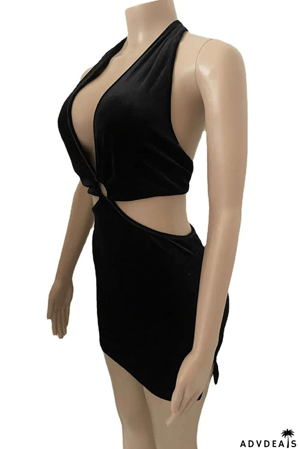 Blue Sexy Solid Hollowed Out Patchwork Halter Pencil Skirt Dresses