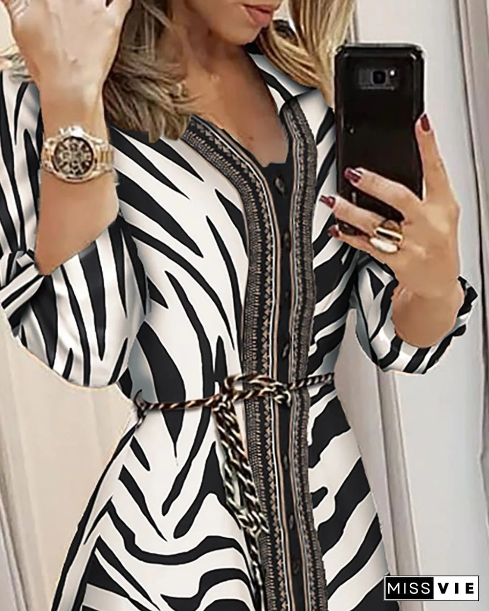 Fashion Sexy Lacing Women Sexy Long Dress V Neck Three Quarter Sleeve Print Long Shirt Dress