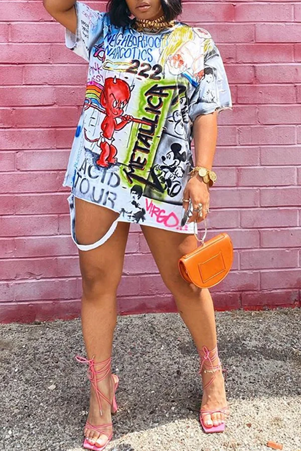 Casual Graffiti Print Tee Dress