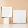 10 Pack | 8" White / Gold Concave Modern Square Plastic Dessert Plates, Disposable Salad Appetizer Party Plates