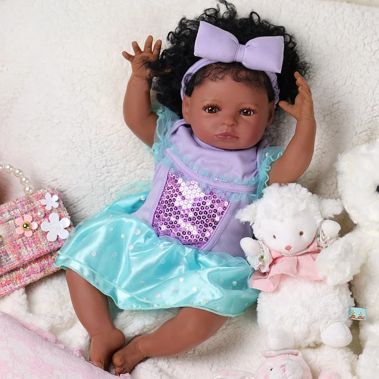 Babeside Laney 20'' realistische wiedergeborene Babypuppe, Afroamerikanerin, lila glänzendes Kleid