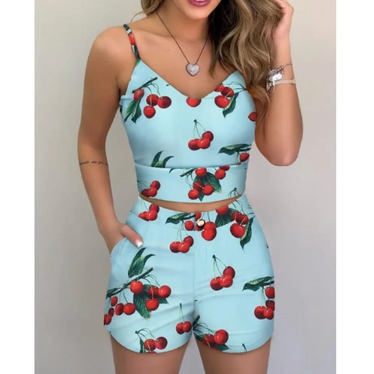 Tanguoant Pieces Suit Women's 2022 Summer Holiday Sleeveless Floral Print Top Pants Set Loungewear Shorts Casual Outfits With Belt