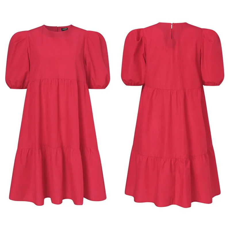 Casual Shorts Sleeve Solid Mini Dress VONDA 2022 Women Summer Puff Sleeve Pleated Dresses Bohemian Vestidos Summer Robe S-