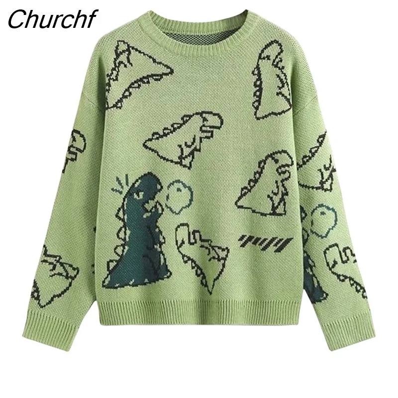 Churchf Women's Knit Sweater Argyle Cartoon Dinosaur Print Long Sleeve Pullover Jumper Top Knitwear Kawaii Streetwear for Teen Girls