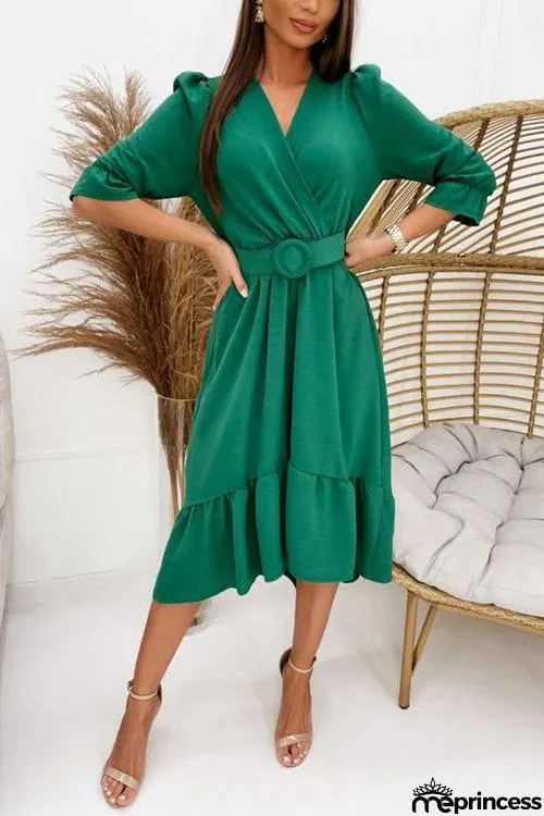 Ruffles V Neck Half Sleeve Dress