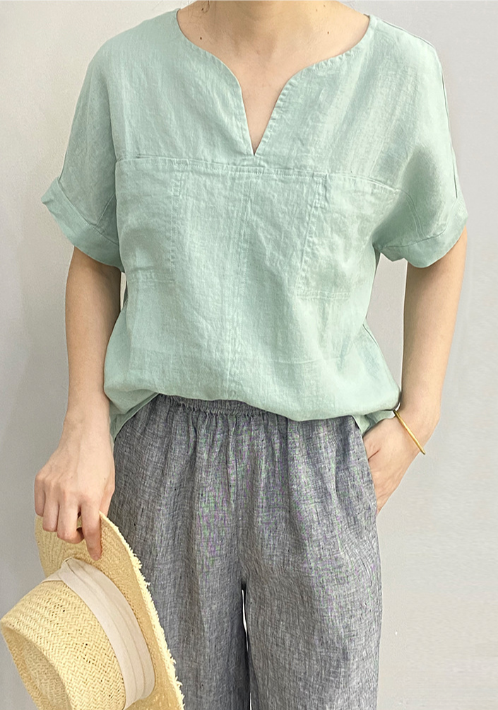 Vintage V-Neck Loose-Fitting Commuter Linen Top