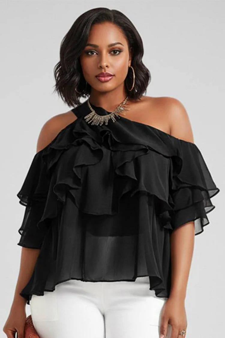 Xpluswear Design Plus Size Daily Black Round Neck Cold Shoulder Short Sleeve Ruffle Tiered Chiffon Blouses [Pre-Order] 2024 - Xpluswear